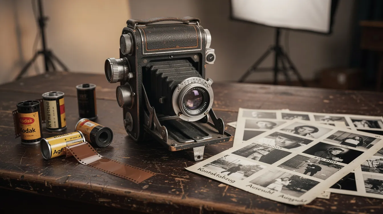 Auf einem Holztisch im Fotostudio liegt eine Vintage-Fotografenkamera aus den 1940er Jahren, umgeben von Filmrollen und Kontaktabzügen, die die Leidenschaft für die Fotografie und das Filmemachen widerspiegeln. Diese Szenerie erinnert an die kreative Atmosphäre, die auch Leonard Kubrick in seinen Filmprojekten wie "2001: Odyssee im Weltraum" und "Eyes Wide Shut" prägte.