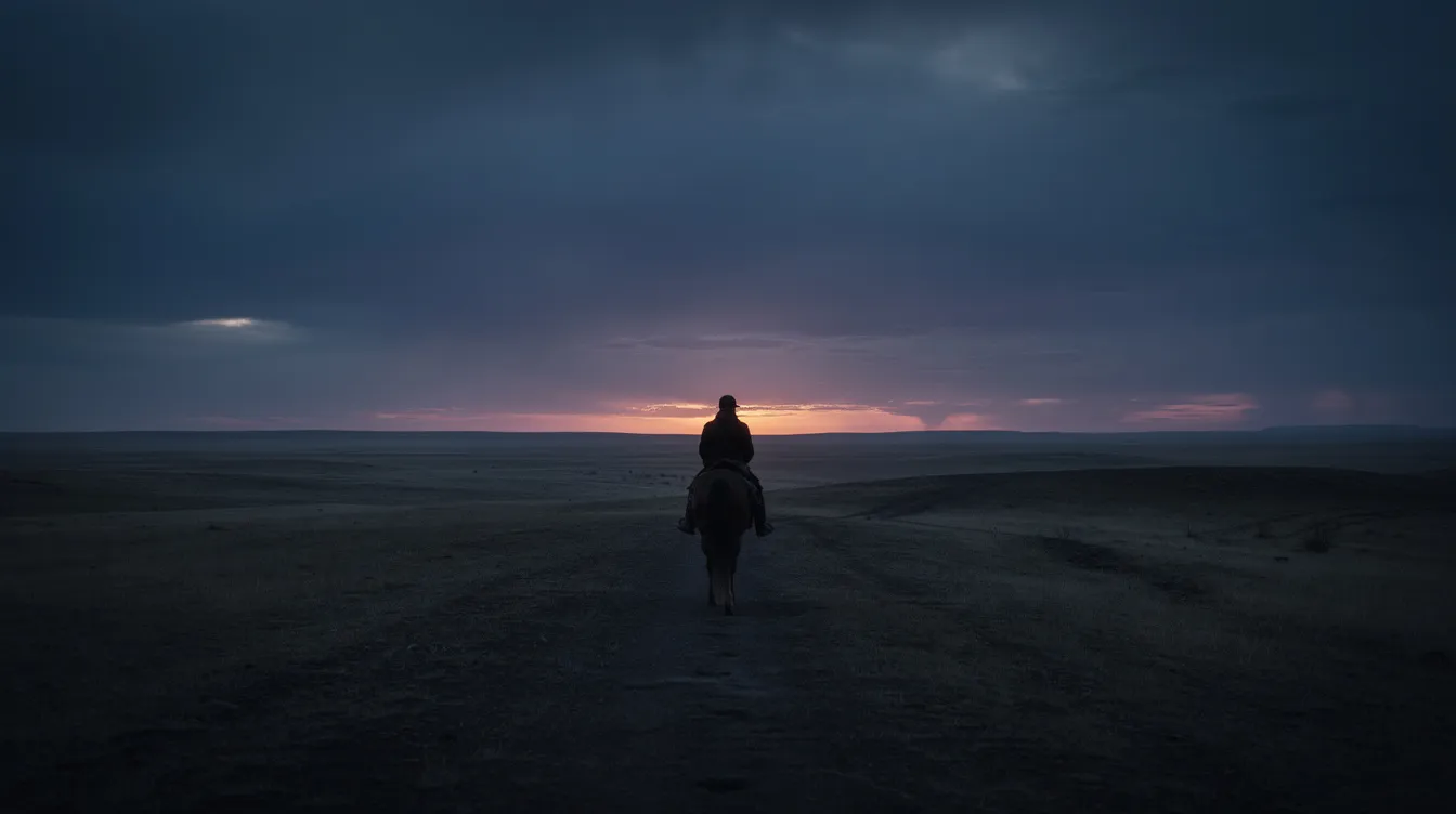 Die Silhouette eines einsamen Reiters auf einem Pferd bewegt sich gegen einen dunklen Abendhimmel in die Ferne, umgeben von weiten, flachen Landstrichen. Diese Szene erinnert an die melancholische Stimmung eines Spätwestern, wie sie in Filmen wie "Unforgiven" dargestellt wird.
