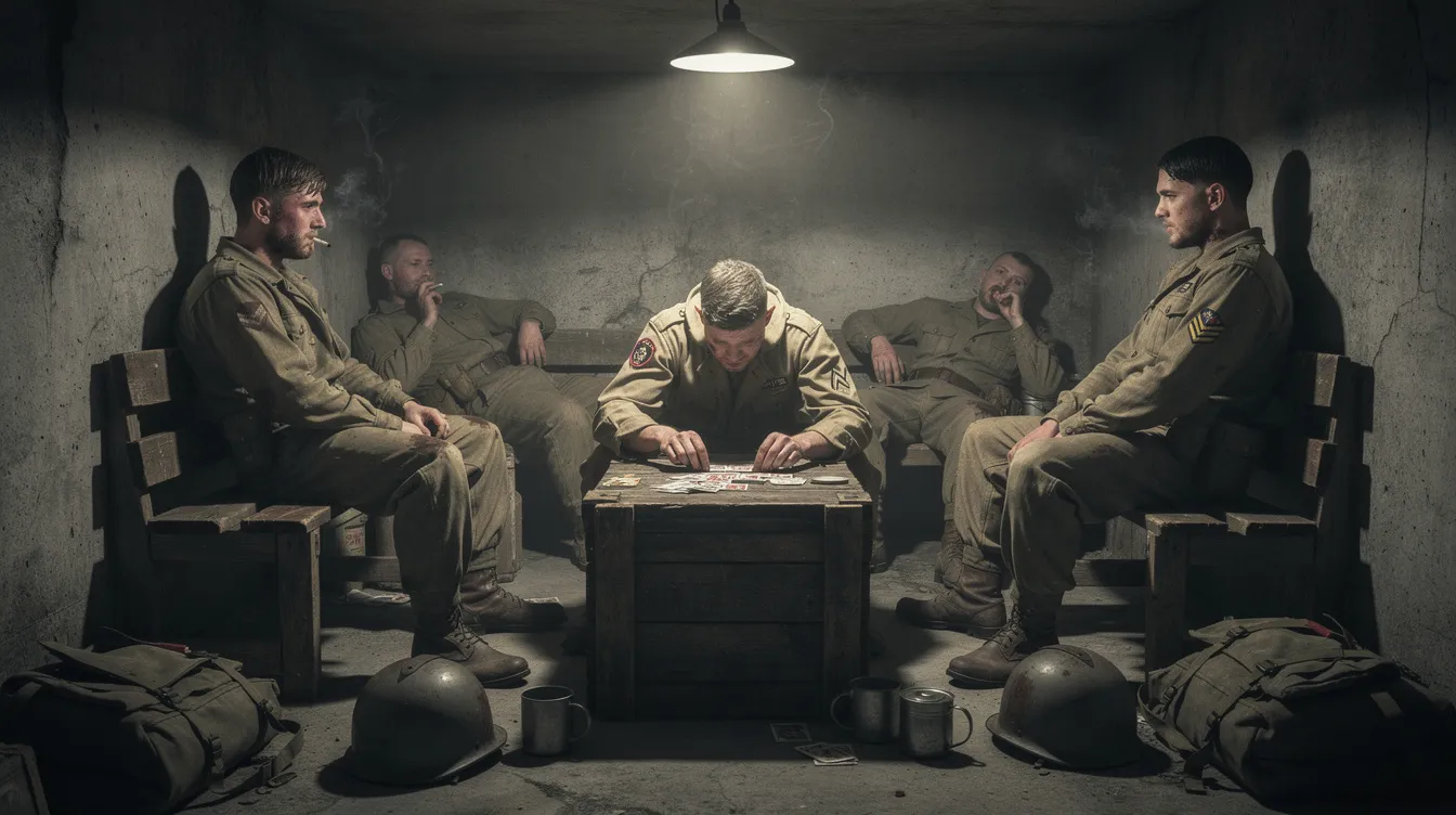 Eine Gruppe junger Soldaten, erschöpft und in einem schwach beleuchteten Unterstand, sitzt zusammen; einige rauchen, während einer Karten spielt. Die Gesichter spiegeln die Belastungen des Vietnamkriegs wider, in dem sie als Kameraden und Infanteriesoldaten kämpfen.