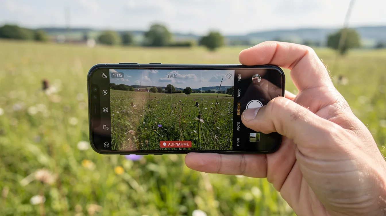 Eine Nahaufnahme einer Hand, die ein Smartphone hält und ein Video auf einer Wiese aufnimmt, während im Hintergrund eine leicht verschwommene Landschaft zu sehen ist. Die Bildqualität zeigt die Details der Hand und des Smartphones, während die sanften Farben der Umgebung harmonisch zur Gesamtaufnahme beitragen.