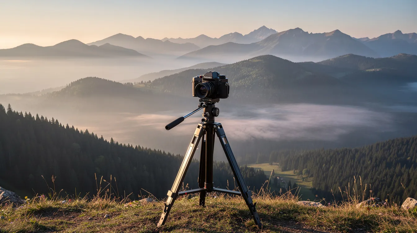 Eine Filmkamera steht auf einem Stativ und blickt auf eine weite Berglandschaft, die von dichten Wäldern und nebligen Tälern geprägt ist. Diese Szenerie könnte als Kulisse für einen Film wie "Die Hirschjäger" dienen und vermittelt ein Gefühl von Ruhe und Naturverbundenheit.