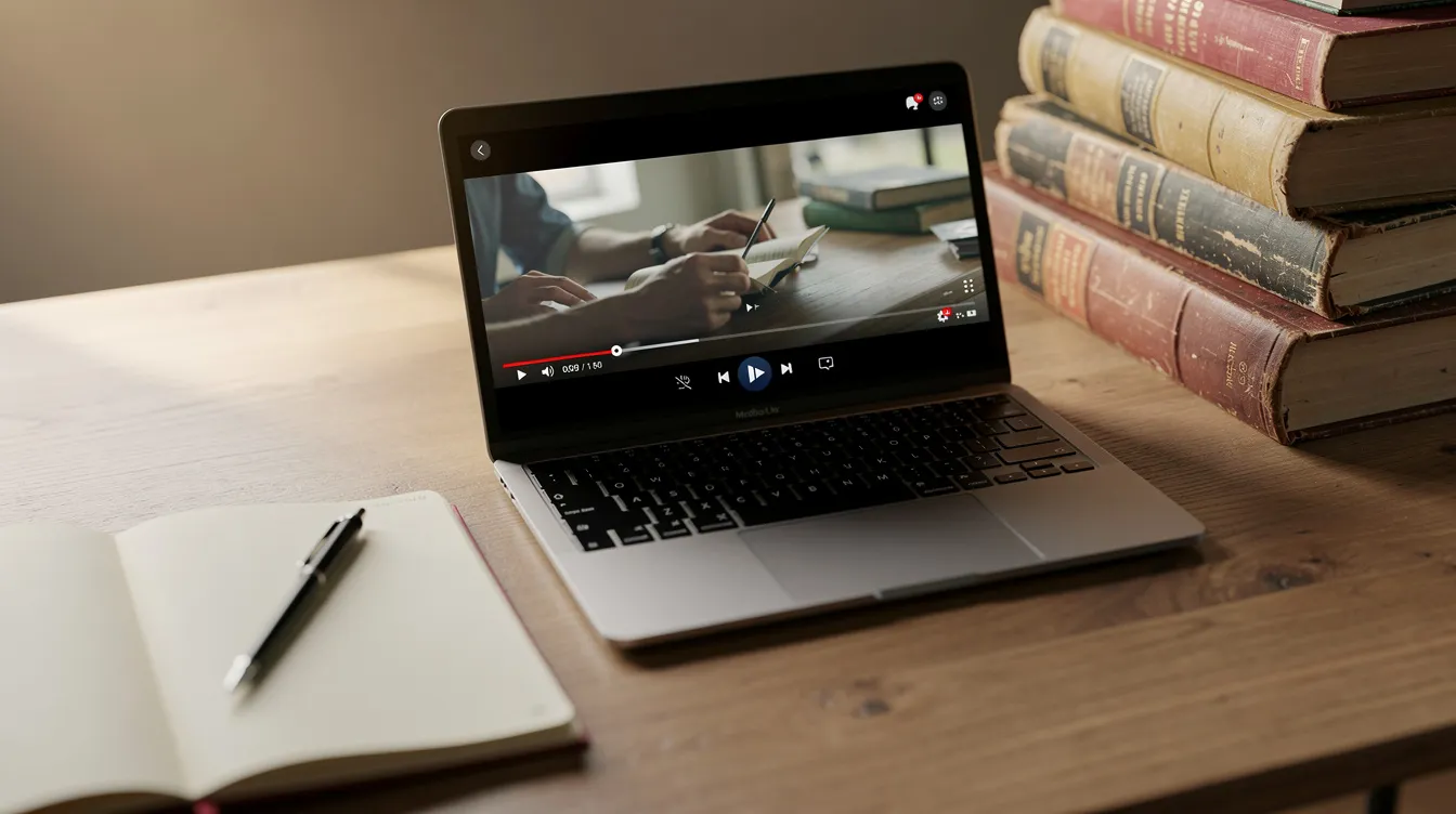 Auf einem Schreibtisch liegen ein Notizbuch und ein Stift neben einem Laptop, auf dessen Bildschirm ein Standbild aus einem Kriminalfilm zu sehen ist. Umgeben von Büchern vermittelt die Szene eine kreative Atmosphäre, die an die spannende Welt des Filmgenres erinnert.