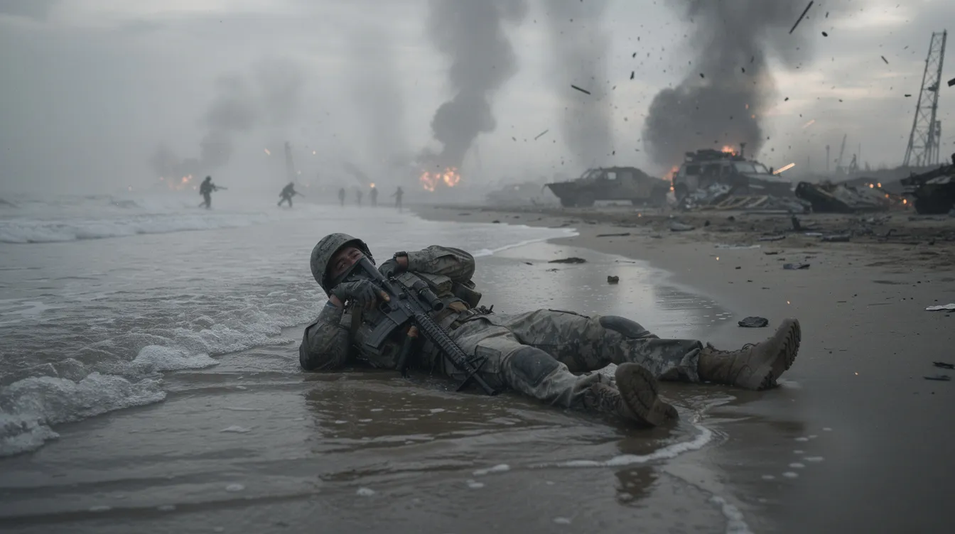 Ein Soldat liegt im seichten Wasser eines Strandes, umgeben von Rauch und Trümmern, während die Kamera unscharf ist und die Farben entsättigt wirken. Diese dramatische Szenerie erinnert an die intensiven Momente aus "Der Soldat James Ryan", die den Schrecken des Krieges eindrucksvoll darstellen.