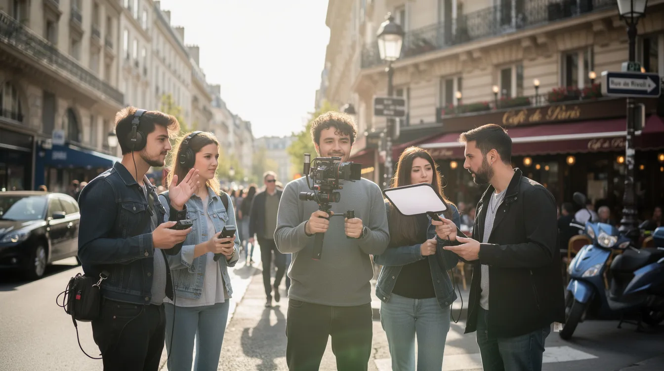 Eine junge Filmcrew dreht auf einer belebten Pariser Straße mit einer leichten Handkamera, während das natürliche Tageslicht die Szene erhellt. Die Atmosphäre ist lebendig und fängt die Dynamik des Lebens in der Stadt ein, was für die Filmhandlung und die Regie von großer Bedeutung ist.