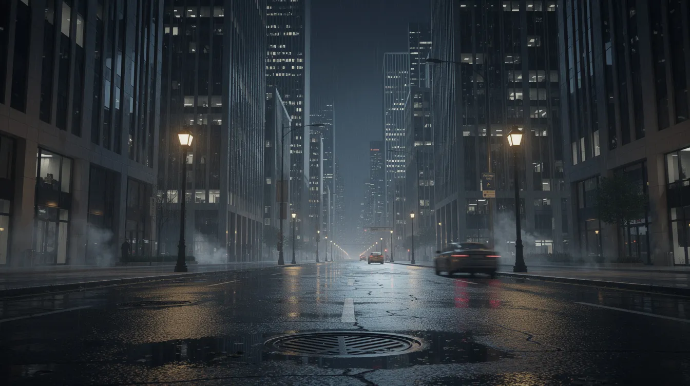 Die nächtliche Großstadtszene zeigt hohe Gebäude, deren Fenster im schwachen Licht der einzelnen Laternen schimmern, während die nassen Straßen das Licht reflektieren und eine geheimnisvolle Atmosphäre schaffen, die an die düstere Welt der Science-Fiction-Filme erinnert. Diese Inszenierung könnte direkt aus einem Klassiker wie "Die Matrix" stammen, in dem die Stadt als eine Art Traumwelt dargestellt wird.