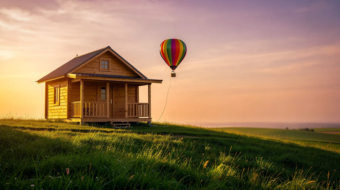 Das Bild zeigt ein kleines Holzhaus, das auf einem grünen Hügel steht, während die Sonne untergeht. An der Veranda hängt ein einzelner bunter Ballon, der an die Kindheitsträume und Abenteuer aus dem Film "Up" erinnert.