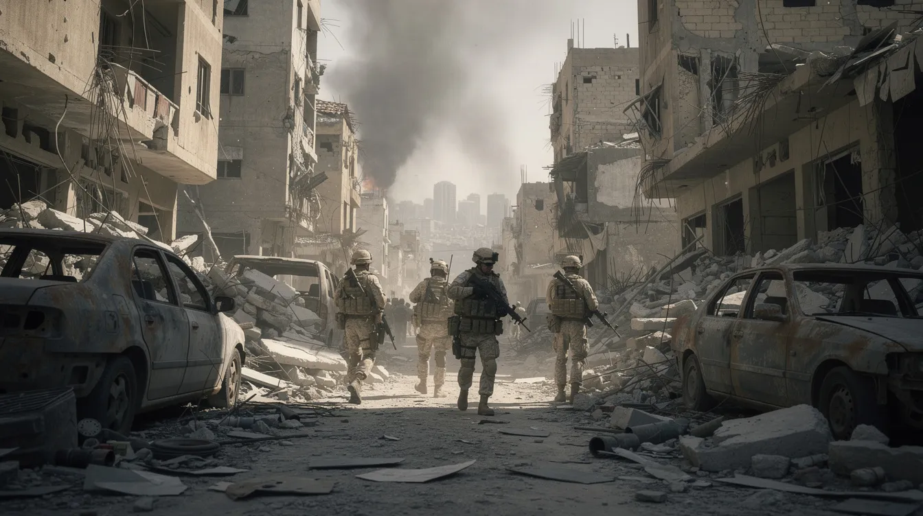 Soldaten patrouillieren vorsichtig durch Trümmer und zerstörte Gebäude in einer kriegsgeplagten Stadt, während im Hintergrund Rauch aufsteigt. Diese Szene erinnert an die düstere Atmosphäre des Films "Full Metal Jacket" von Stanley Kubrick, der den Vietnamkrieg thematisiert.