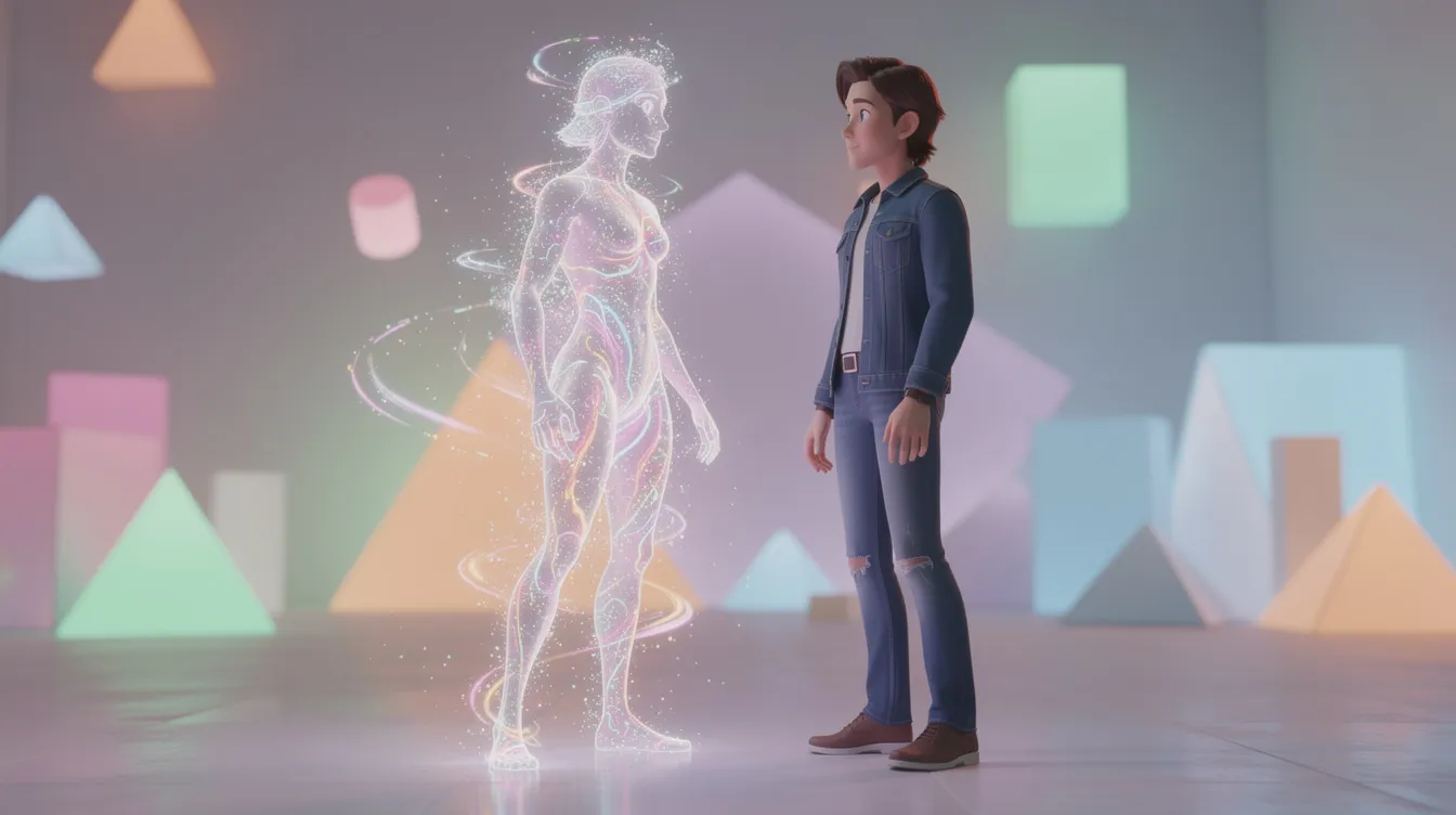 In einem bunten Raum stehen eine leuchtende, transparente Animationsfigur aus Lichtpartikeln und eine realistischere menschliche Figur nebeneinander. Die Figuren verkörpern verschiedene Emotionen, die an die Themen aus dem Pixar-Film "Alles steht Kopf" erinnern.