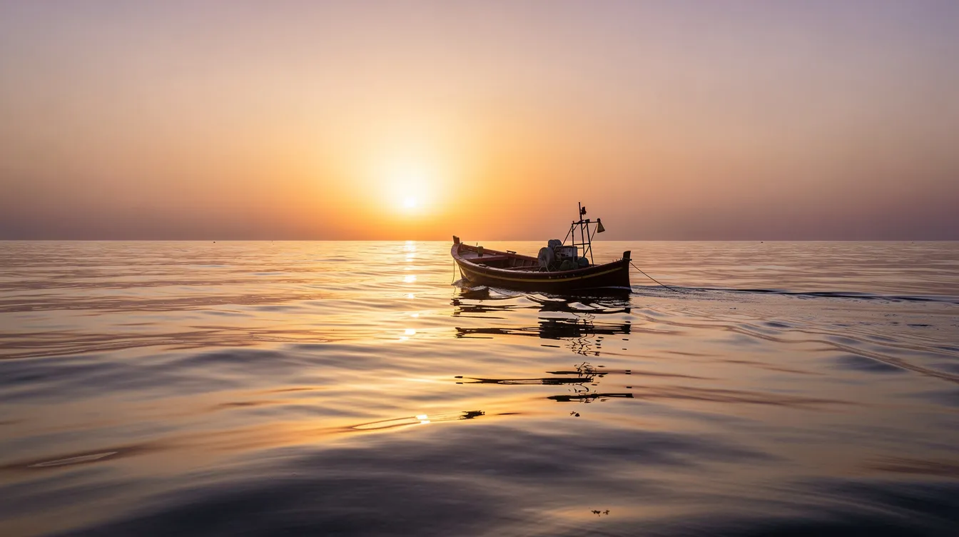 Ein kleines Fischerboot schaukelt sanft auf dem ruhigen, weiten Meer während des Sonnenuntergangs, wobei das goldene Licht sich malerisch auf der Wasseroberfläche spiegelt. Die Szene strahlt eine friedliche Atmosphäre aus, die an die Themen des Lebens und der persönlichen Reise erinnert, ähnlich wie in "Forrest Gump".