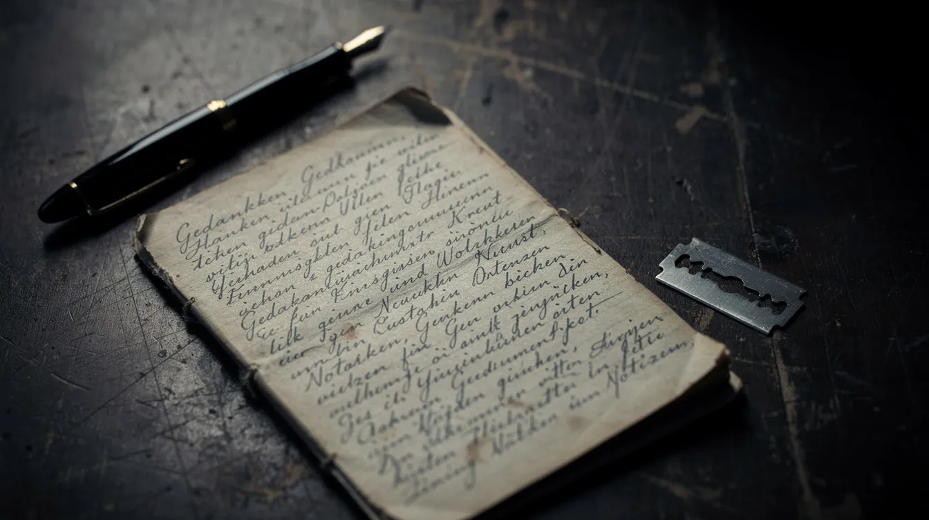 Die Nahaufnahme zeigt ein abgenutztes, handschriftlich beschriebenes Notizbuch, das neben einer Rasierklinge und einem Füller auf einer dunklen Holzoberfläche liegt. Diese Szene vermittelt eine geheimnisvolle Atmosphäre, die an die düstere Handlung von Filmen wie "Se7en" erinnert, in denen es um die sieben Todsünden geht.