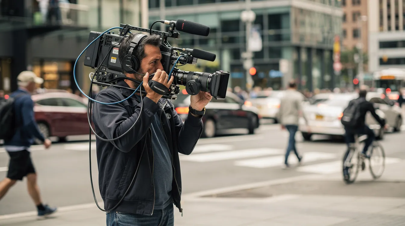 Ein Kameramann filmt eine Reportage im Freien mit einer professionellen Schulterkamera auf der rechten Schulter, während im Hintergrund eine belebte Stadtszene zu sehen ist. Die Kamera, möglicherweise ein Modell wie der HVR HD1000E, ermöglicht hochwertige Aufnahmen in Full HD und ist perfekt für die dynamischen Lichtverhältnisse der Stadt.
