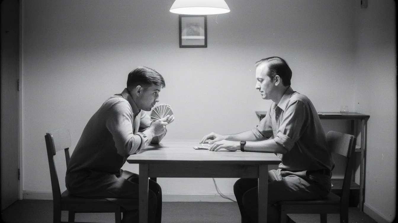 In einem schlicht eingerichteten Appartement sitzen zwei Personen an einem kleinen Tisch und spielen Karten, während die Schwarzweiß-Aufnahme eine nostalgische Atmosphäre der 1960er Jahre vermittelt. Das Bild fängt die Intimität und den Charme des Lebens in einem Junggesellen-Appartement ein.