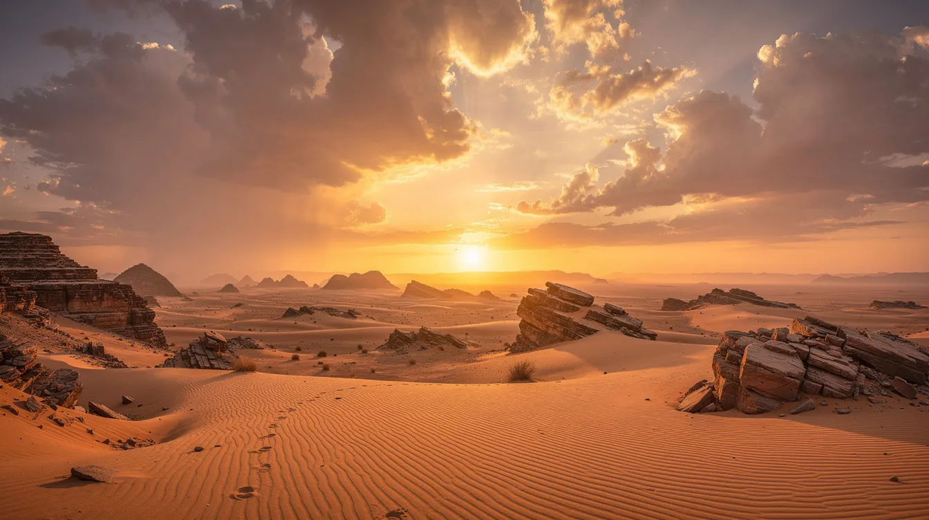 Der Panoramablick zeigt eine weite Wüstenlandschaft, die in goldenes Licht getaucht ist, während dramatische Wolkenformationen den Himmel durchziehen. Diese Szenerie könnte als Kulisse für einen epischen Film der 2010er Jahre dienen, ähnlich wie die besten Filme von Regisseuren wie Damien Chazelle oder Martin Scorsese.