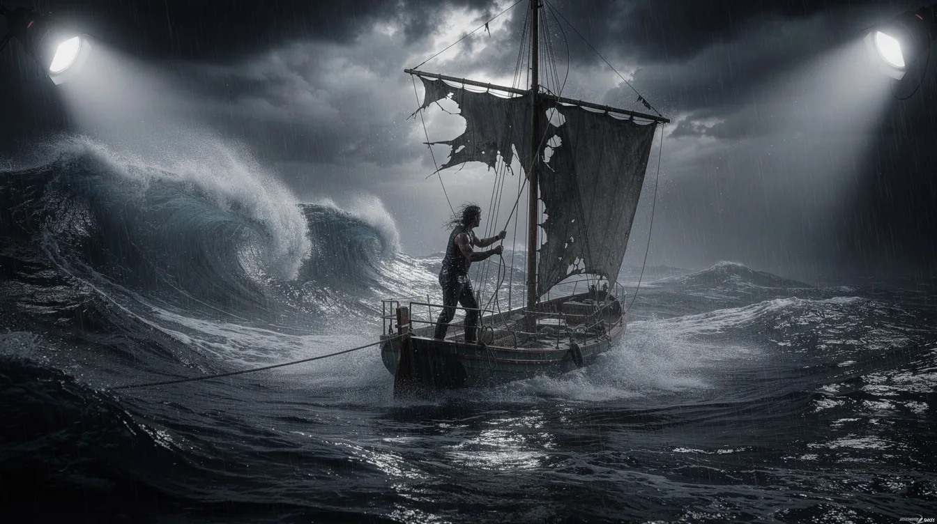 Ein Mann sitzt auf einem kleinen Segelboot, während ein dramatischer Sturm mit hohen Wellen und einem dunklen Himmel um ihn herum tobt, beleuchtet von Scheinwerfern, die von oben strahlen. Diese Szene könnte aus einem intensiven Moment in einem Film wie "The Truman Show" stammen, in dem die Freiheit und das Leben in Seahaven thematisiert werden.