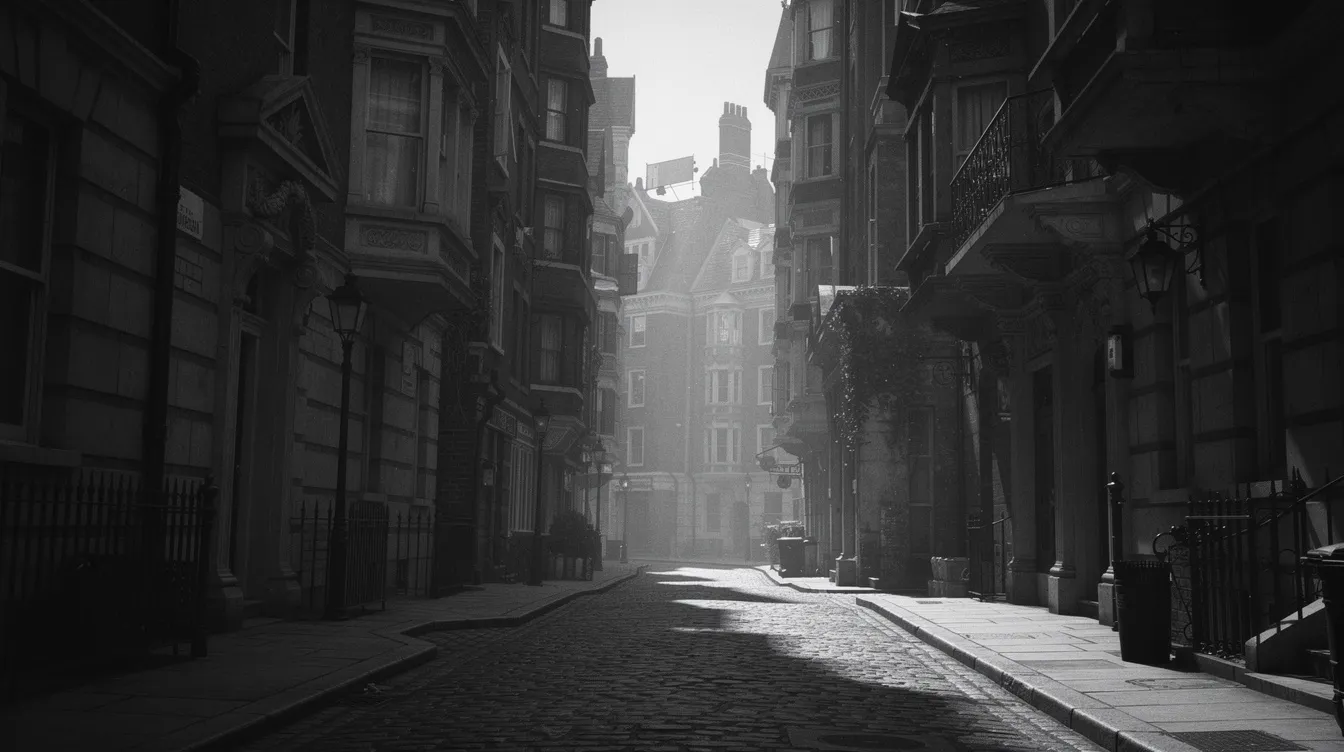 Die Schwarzweiß-Fotografie zeigt eine viktorianische Architektur mit dramatischen Schatten, die eine enge Gasse umrahmt. Die Szene vermittelt ein Gefühl von Geheimnis und Geschichte, das an die düstere Atmosphäre von Filmen wie "The Elephant Man" erinnert, in denen das Leben des Elefantenmenschen John Merrick thematisiert wird.