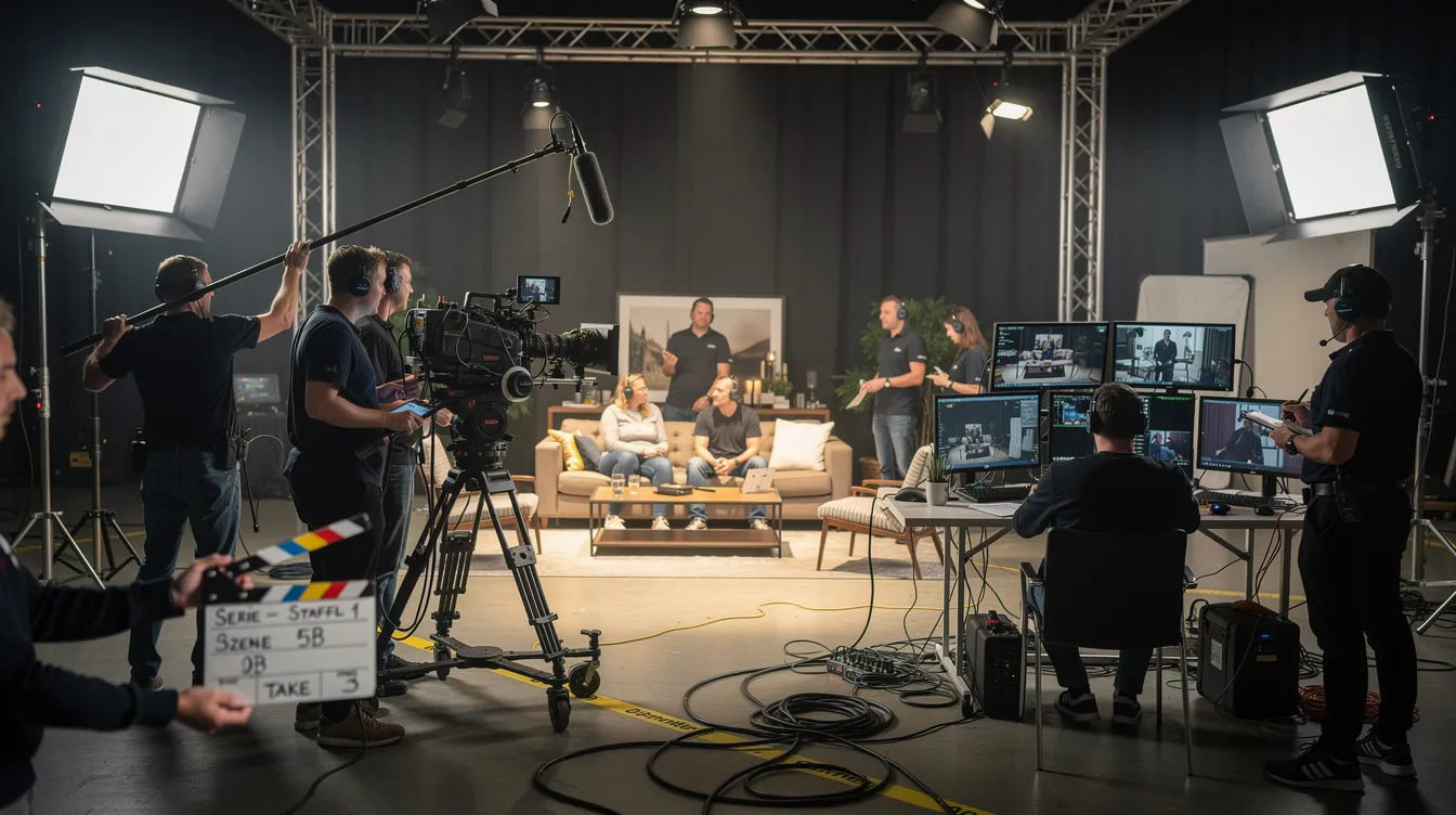 Auf dem Filmproduktions-Set sind Kameras und Scheinwerfer zu sehen, während Crew-Mitglieder an einer Serie arbeiten. Die Atmosphäre ist geschäftig und kreativ, was den hohen Produktionsstandard und das Engagement für qualitativ hochwertige Serienproduktionen widerspiegelt.