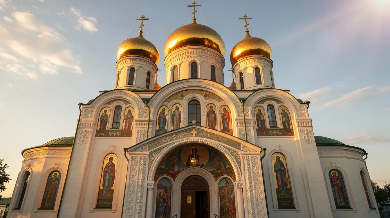 Die Fassade einer orthodoxen Kirche ist im warmen Nachmittagslicht beleuchtet, wobei die goldenen Kuppeln und die kunstvollen Ikonen besonders hervorstechen. Diese imposante Architektur vermittelt ein Gefühl von Spiritualität und Tradition.