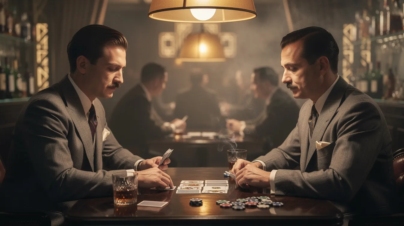 Zwei elegant gekleidete Männer in Anzügen der 1930er Jahre sitzen an einem dunklen Holztisch in einer verrauchten Bar, umgeben von warmem Lampenlicht. Vor ihnen liegen Spielkarten und Gläser, während die Atmosphäre an die Gaunerkomödie "Der Clou" erinnert, die voller überraschender Pointen und spannender Wendungen ist.
