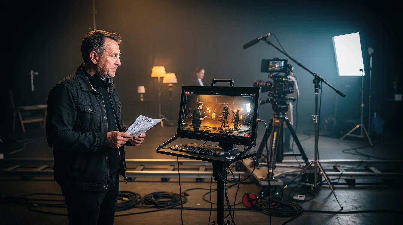 Ein Filmregisseur steht am Set und kontrolliert eine Szene durch einen Kameramonitor, während im Hintergrund diverses Filmequipment sichtbar ist. Die Anordnung der Kameraleute und Akteure folgt der 180-Grad-Regel, um eine konsistente Blickachse und Bewegungsrichtung zu gewährleisten.
