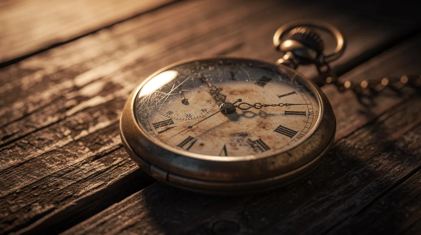 Die kunstvolle Aufnahme zeigt eine alte Taschenuhr, die auf verwittertem Holz liegt und von warmem Licht beleuchtet wird. Die sichtbare Patina der Uhr erzählt Geschichten aus einer vergangenen Zeit, die an Filme wie "Once Upon a Time in America" erinnern, und weckt Erinnerungen an das Leben in der Ära der Prohibition.