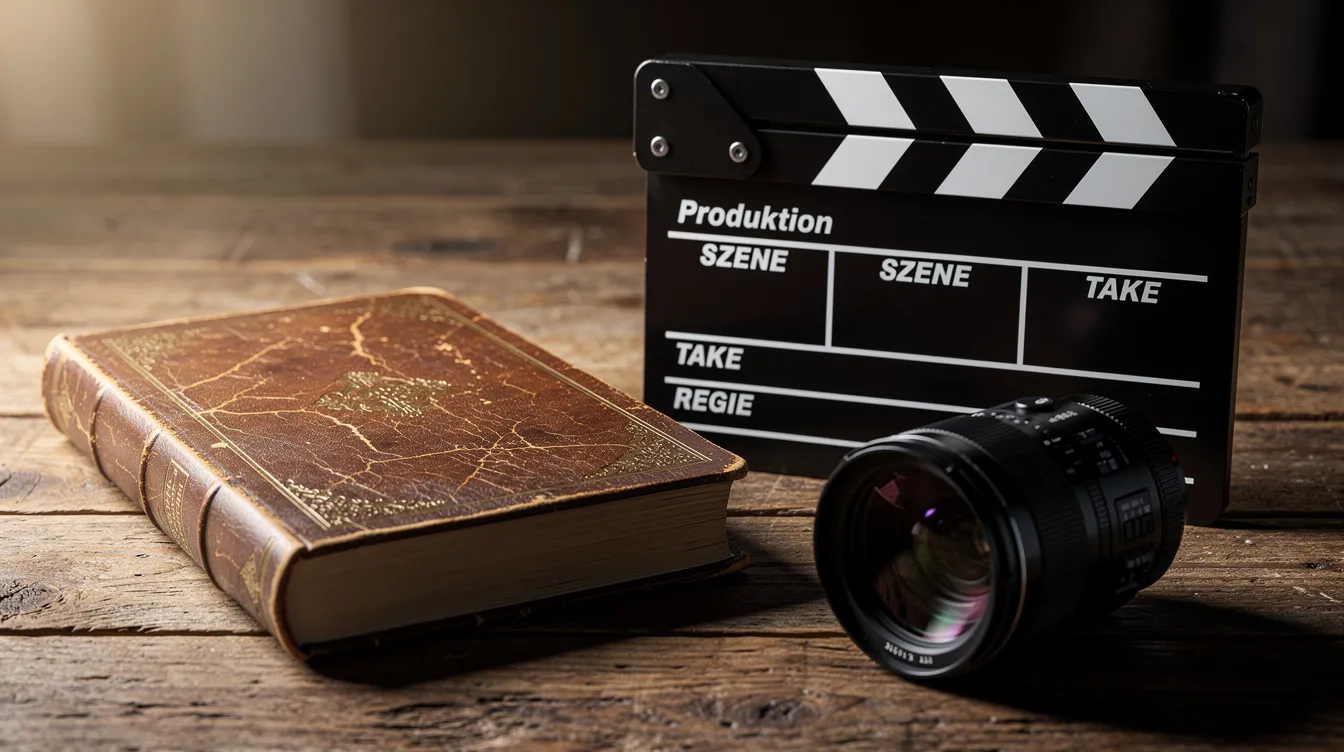 Auf einem Holztisch liegt ein altes, ledergebundenes Buch, das an die Tradition der klassischen Literatur erinnert, während daneben eine moderne Filmklappe und eine Kameralinse stehen, die auf die Verbindung zwischen Filmgeschichte und Science-Fiction-Utopien hinweisen. Diese Szenerie vereint Vergangenheit und Gegenwart, symbolisiert durch die unterschiedlichen Medien und deren Einfluss auf die Darstellung von Gesellschaft und Realität.