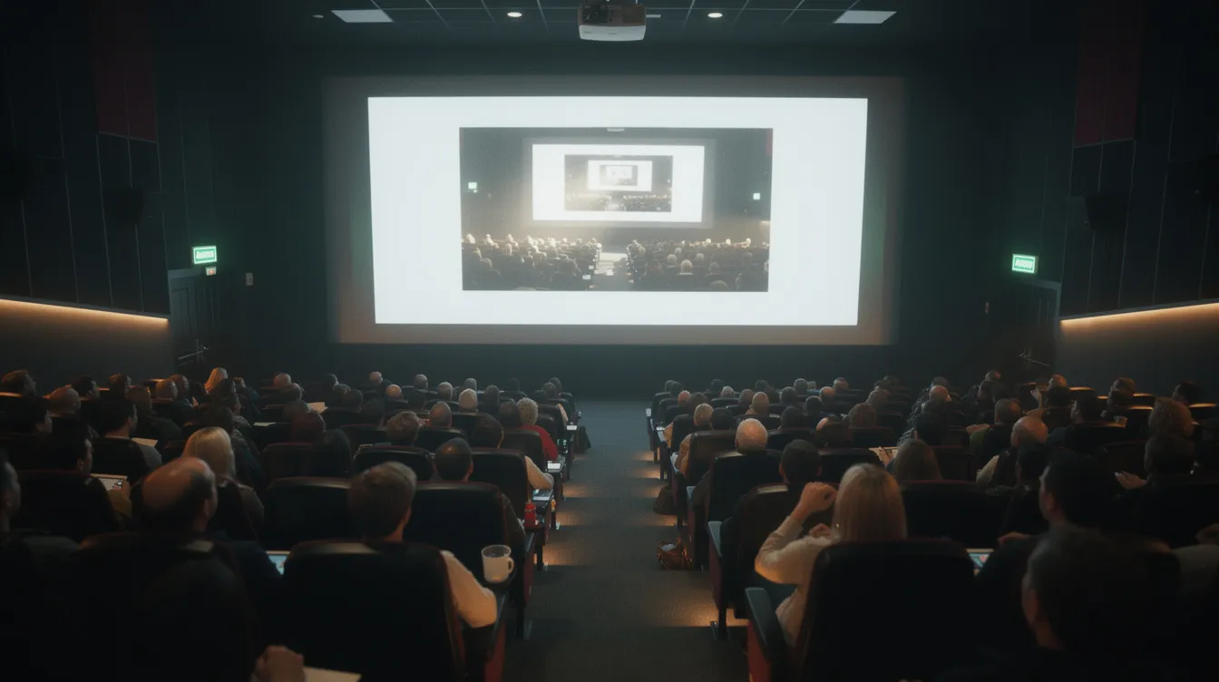 Der Kinosaal ist schwach beleuchtet und zeigt Reihen von Zuschauern, die gespannt auf eine große Leinwand blicken. Auf dieser Leinwand wird eine Binnenerzählung präsentiert, die einen kleineren Film im Film darstellt und somit die erzählerische Komplexität der dargestellten Welt unterstreicht.