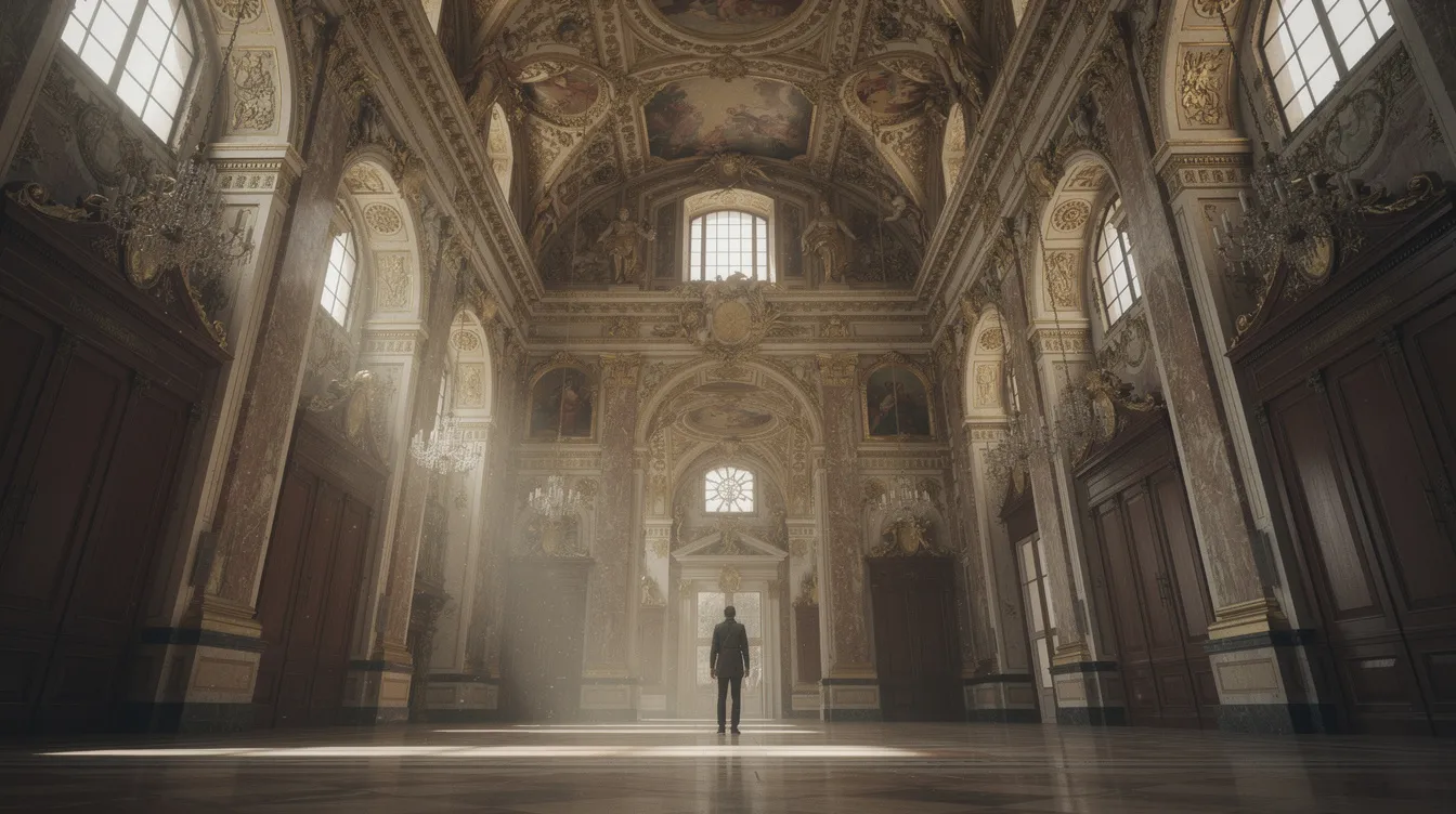 In einem barocken Innenraum steht eine Person unter einer hohen, ornamentalen Decke, die viel Freiraum über dem Kopf lässt. Die opulente Gestaltung des Raumes vermittelt ein Gefühl von Erhabenheit und Eleganz.