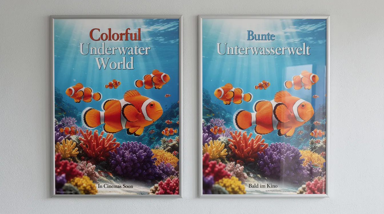 Die Abbildung zeigt zwei nebeneinander stehende Kinoplakate für den Animationsfilm "Findet Nemo", eines mit dem englischen Titel und das andere mit dem deutschen Titel. Beide Plakate präsentieren eine bunte Unterwasserwelt, in der orangefarbene Clownfische zu sehen sind, die die Abenteuer von Marlin und Dory darstellen.