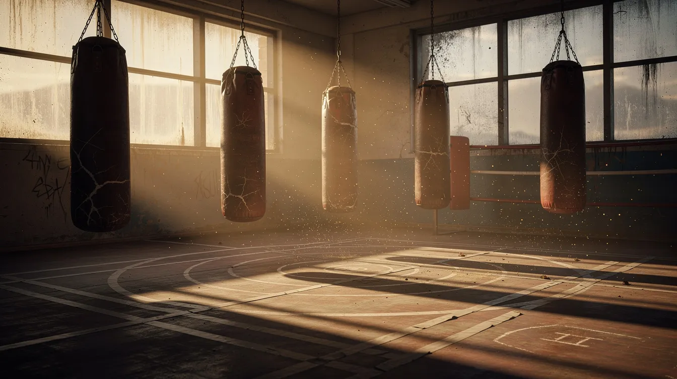 Die leere Boxtrainingshalle strahlt im warmen Abendlicht, während Sandsäcke still von der Decke hängen und Staubpartikel im Lichtstrahl tanzen. Diese Atmosphäre erinnert an die inspirierende Geschichte von Maggie Fitzgerald, der 31-jährigen Kellnerin, die im Boxring ihren Traum verwirklichen möchte.