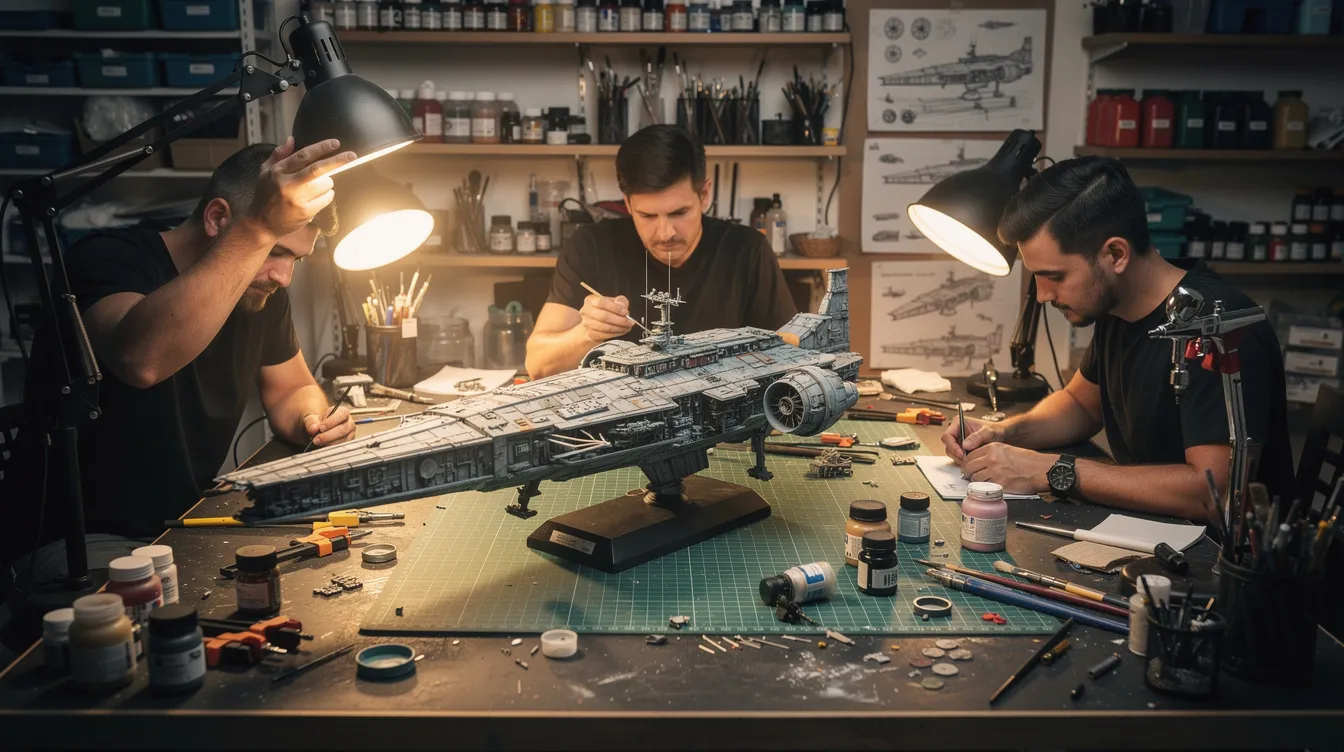 In einer Werkstatt arbeiten Filmtechniker an einem detaillierten Miniaturmodell eines Raumschiffs, um die beeindruckende Welt der Science Fiction, wie sie in den besten Filmen der 80er Jahre, darunter "Star Wars" und "Zurück in die Zukunft", dargestellt wird, zum Leben zu erwecken. Umgeben von Werkzeugen und Farben, schaffen sie eine authentische Nachbildung, die die Fantasie anregt.