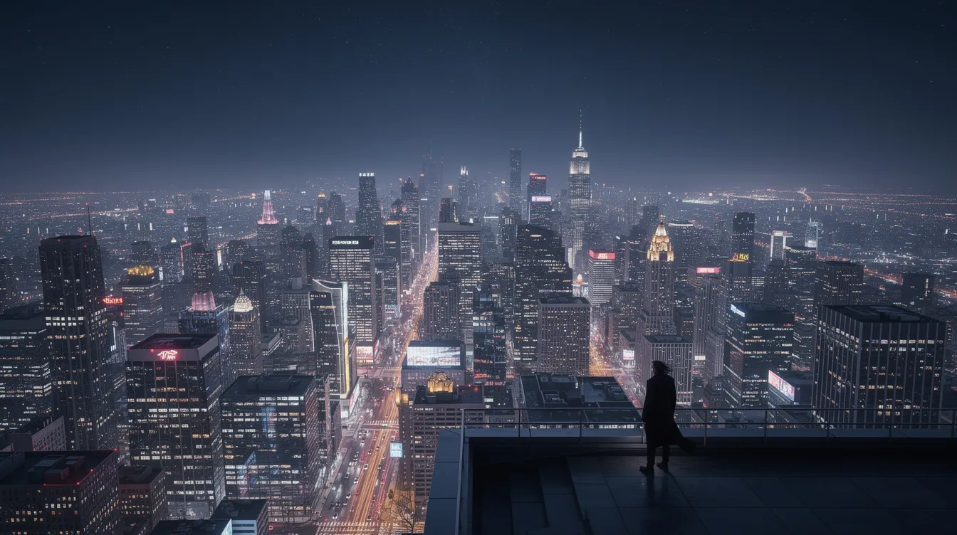 Das Bild zeigt ein beeindruckendes Großstadtpanorama bei Nacht, beleuchtet von den Lichtern der Wolkenkratzer. Auf einem Dach steht eine einsame Figur, die einen weiten Blick über die Stadt hat und an die spannungsgeladenen Szenen eines Kriminalfilms erinnert.