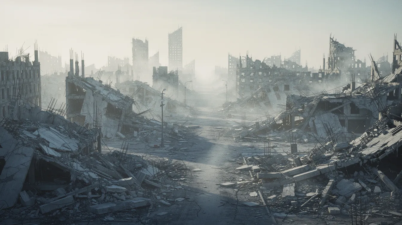 Die weite Aufnahme zeigt eine zerstörte Stadtlandschaft im fahlen Morgenlicht, in der Ruinen und einzelne Gebäudefragmente gegen den blassen Himmel stehen. Dieses Bild spiegelt den Untergang des Dritten Reiches wider und erinnert an die verheerenden Folgen des Krieges im April 1945.
