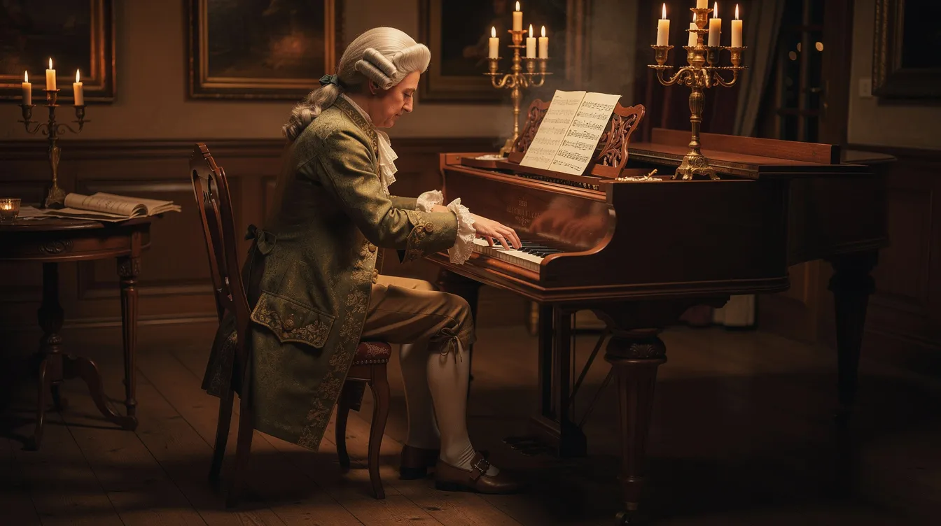 Ein Musiker in einem historischen Kostüm des 18. Jahrhunderts sitzt an einem Hammerklavier, umgeben von einem kerzenbeleuchteten Raum, der eine nostalgische Atmosphäre schafft. Die Szene erinnert an die Zeit von Mozart und Salieri, als Musik eine zentrale Rolle im Leben am Hof spielte.