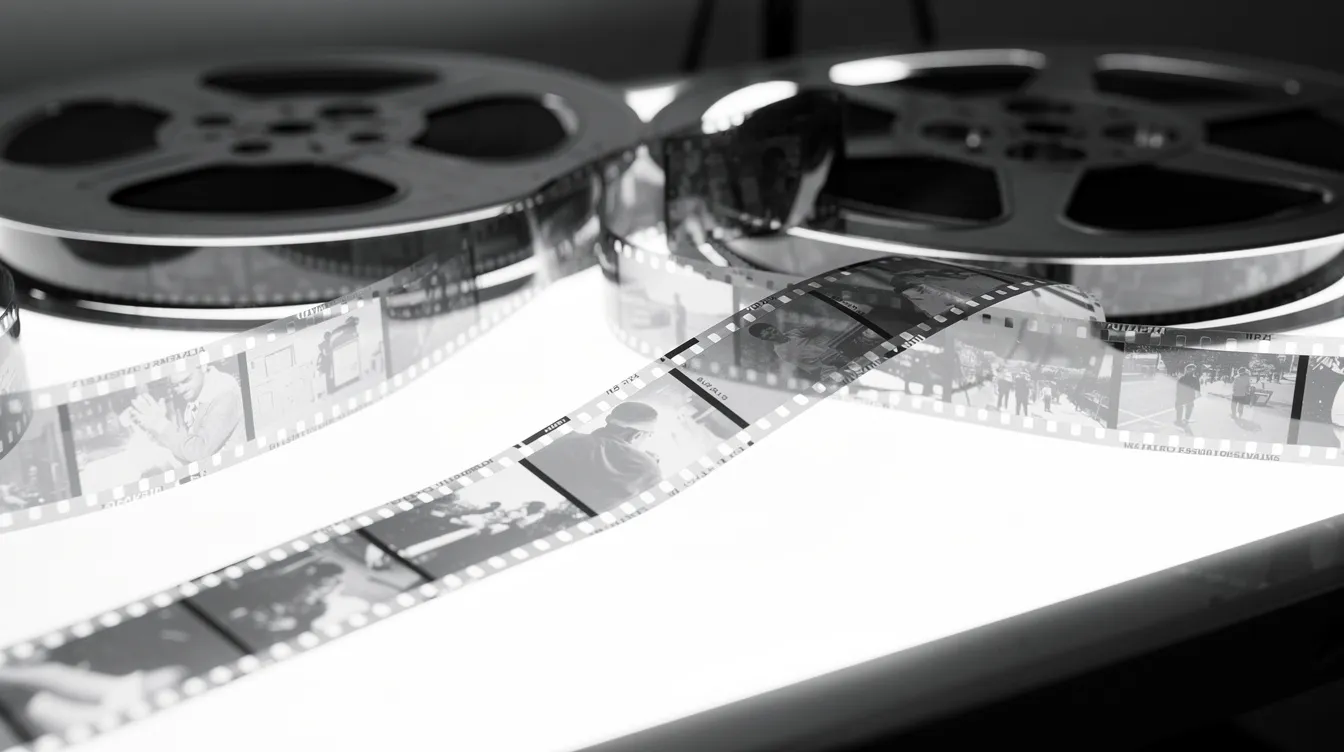 Die Nahaufnahme zeigt Filmrollen und 35-mm-Filmstreifen auf einem Leuchttisch in Schwarzweiß, die an die klassische Ära des Kinos erinnern, in der Filme wie "Roman Holiday" mit Audrey Hepburn und Gregory Peck entstanden. Die Detailaufnahme vermittelt ein Gefühl von Nostalgie und der Magie des Films, der Geschichten von Liebe und Abenteuer erzählt.