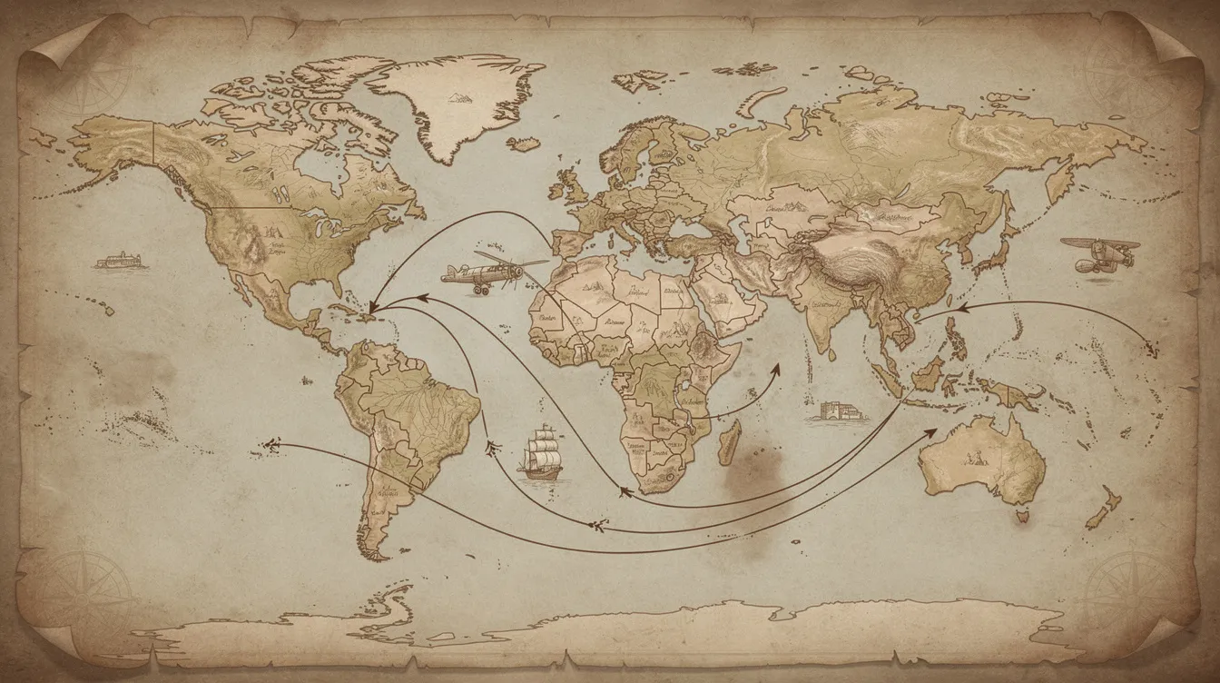 Die stilisierte Weltkarte zeigt eine Reiseroute, die von Nordamerika über Europa bis zum Nahen Osten führt, gestaltet im Stil einer alten Pergamentkarte. Diese Darstellung erinnert an die Abenteuer von Indiana Jones und der letzte Kreuzzug, in denen die Suche nach dem Heiligen Gral im Mittelpunkt steht.