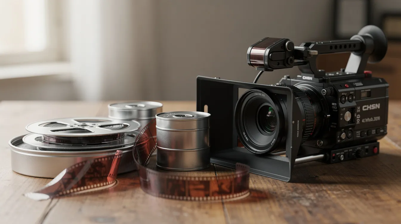 Auf einem Tisch liegen mehrere 35-mm-Filmrollen neben einer modernen digitalen Filmkamera. Diese Anordnung symbolisiert den Kontrast zwischen traditionellem Film und digitaler Technologie in der Filmproduktion.