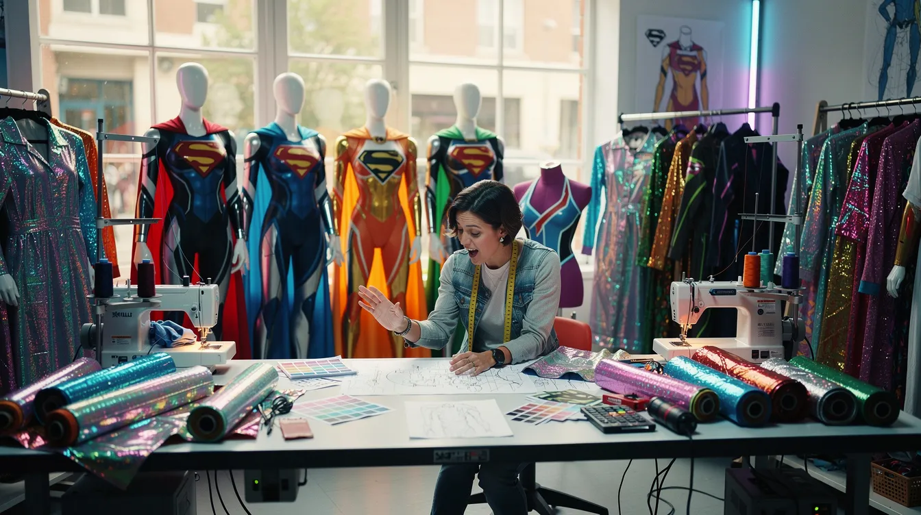 In einem schneiderischen Atelier sind futuristische Stoffe und Schaufensterpuppen in bunten Superhelden-Outfits zu sehen, während eine kleine, energiegeladene Designerin, inspiriert von "Die Unglaublichen", konzentriert an einem neuen Design arbeitet. Die Atmosphäre ist kreativ und lebhaft, passend zu den Abenteuern von Superhelden wie Elastigirl und Mr. Incredible.