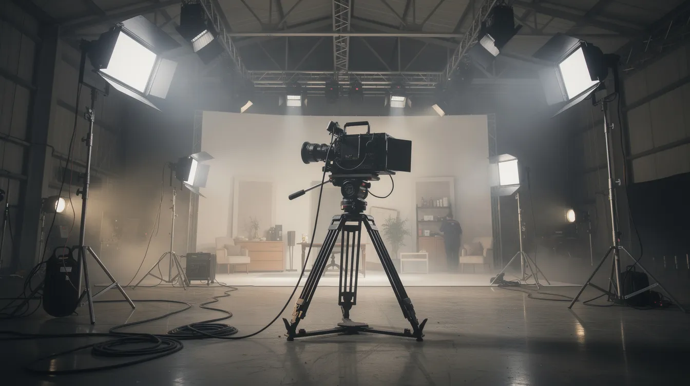 Das Bild zeigt ein Filmset in einer großen Halle, ausgestattet mit Scheinwerfern und einer Kamera auf einem Stativ. Die Studiokulisse deutet auf die kreative Atmosphäre hin, die für die Produktion von Musicals wie "Singin' in the Rain" typisch ist.