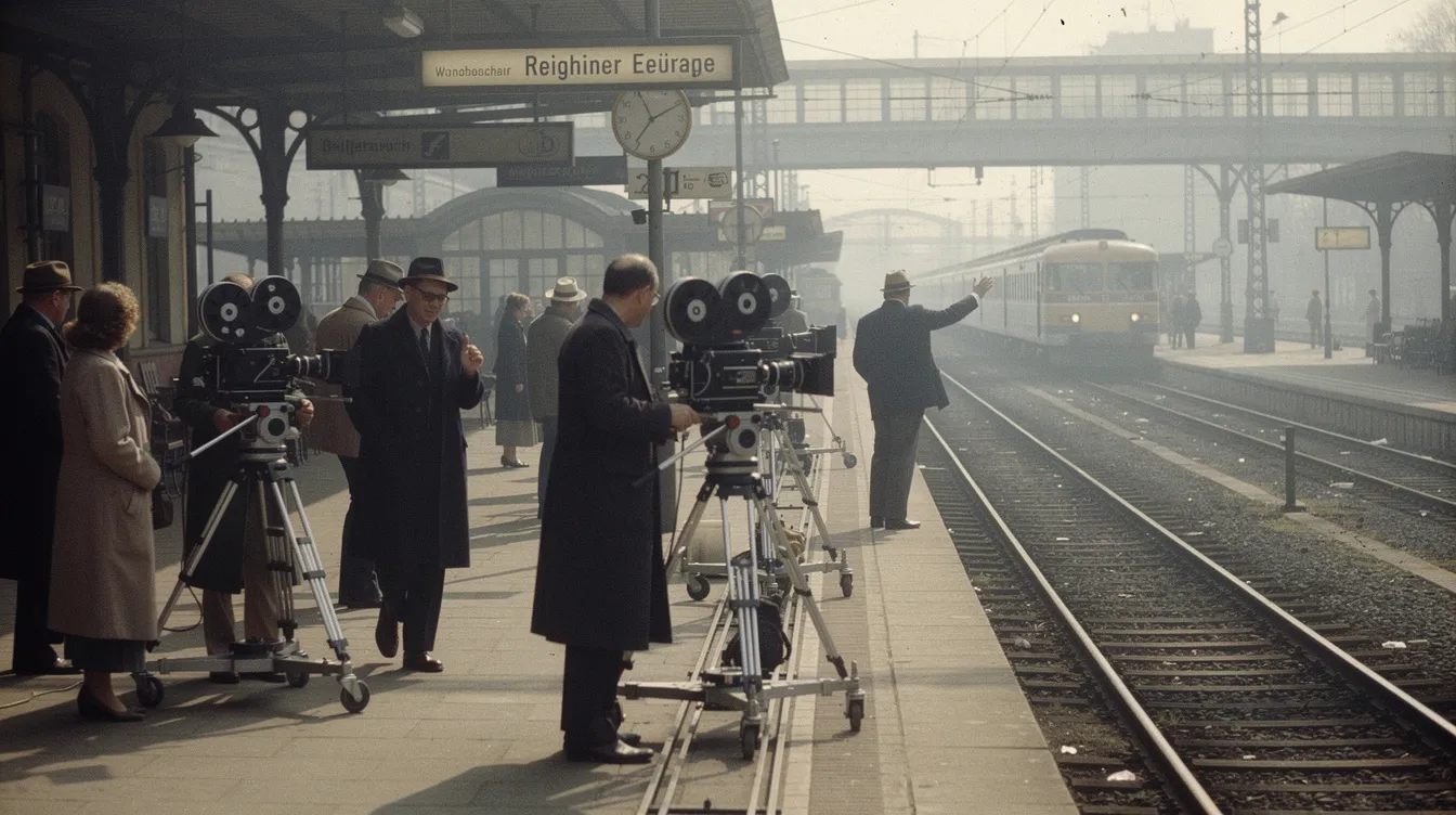 Auf dem Bild ist ein Filmteam zu sehen, das in den 1960er Jahren auf einem Bahnsteig Dreharbeiten durchführt. Kameraleute positionieren ihre Ausrüstung inmitten von Schienen, während die Atmosphäre an das Großstadtleben dieser Zeit erinnert.