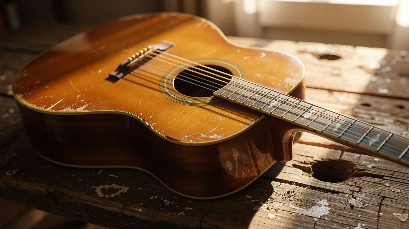 Eine Akustikgitarre liegt auf einem verwitterten Holztisch, beleuchtet von warmem Licht, das eine gemütliche Atmosphäre schafft. Diese Szene könnte an die nostalgischen Klänge von Italo-Western und die Figuren aus "Zwei glorreiche Halunken" erinnern, die oft mit Musik und Geschichten verbunden sind.