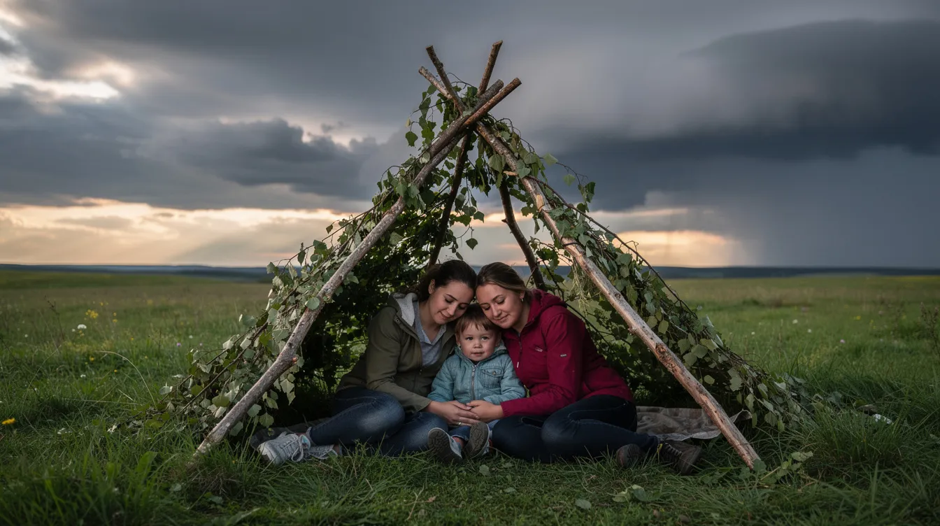 Drei Personen – zwei Frauen und ein Kind – sitzen eng beieinander unter einem Zelt aus Holzstöcken und Ästen auf einer grünen Wiese. Der dramatische Himmel im Hintergrund vermittelt eine melancholische Stimmung, die an die Werke von Lars von Trier erinnert, während die Figuren in einer Szene wirken, die an das Ende der Welt erinnert.