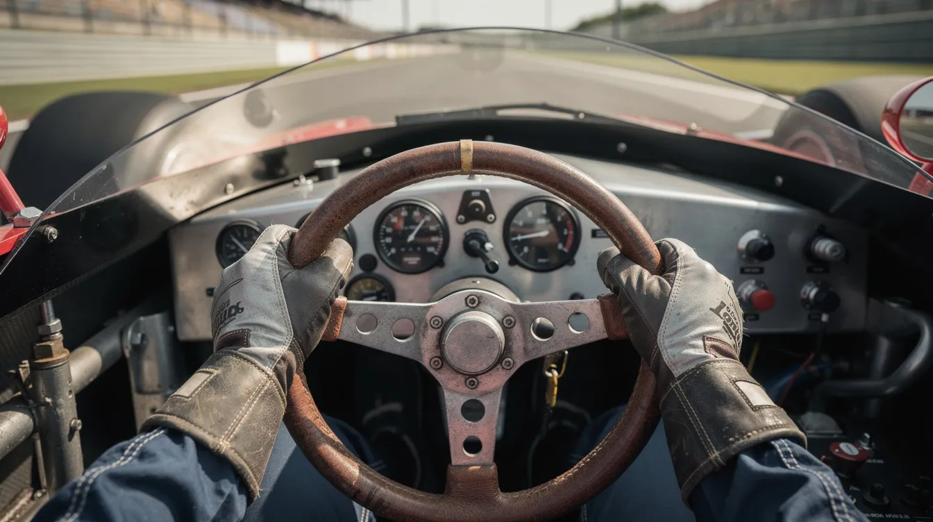 Nahaufnahme der Hände eines Rennfahrers, die in einem klassischen Formel-1-Cockpit aus den 1970er Jahren das Lenkrad fest umklammern. Im Hintergrund sind analoge Instrumente und der schmale Blick auf die Rennstrecke zu sehen, was die Atmosphäre der Rivalität und des Rennsports vermittelt.
