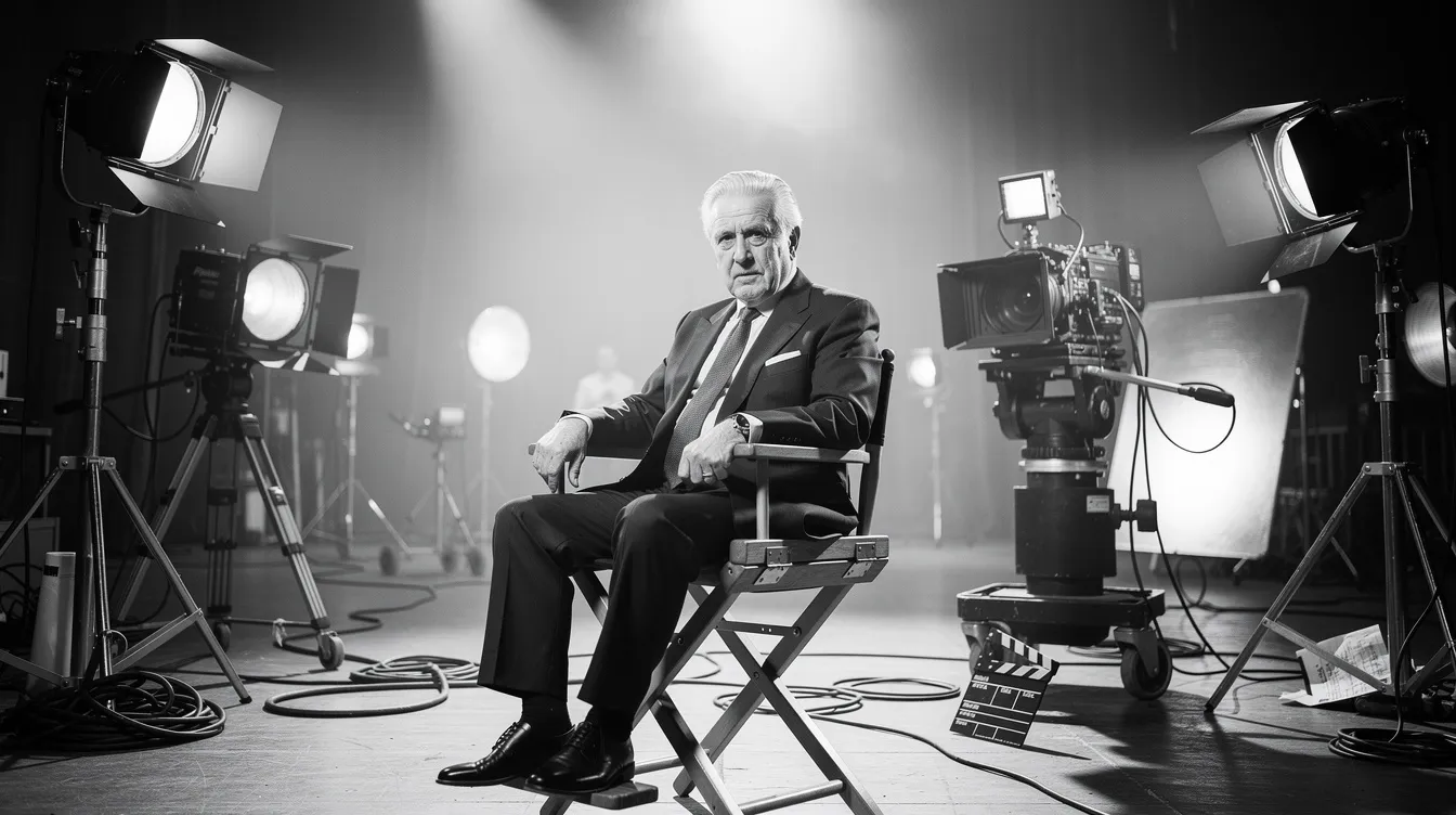 Ein älterer Mann im dunklen Anzug sitzt auf einem Regiestuhl auf einem Filmset, umgeben von Scheinwerfern und Kameraequipment, was eine schwarzweiße Atmosphäre erzeugt. Diese Szene erinnert an die Werke von Alfred Hitchcock, dem Meister des Suspense, und vermittelt das Gefühl von Spannung und Filmgeschichte.