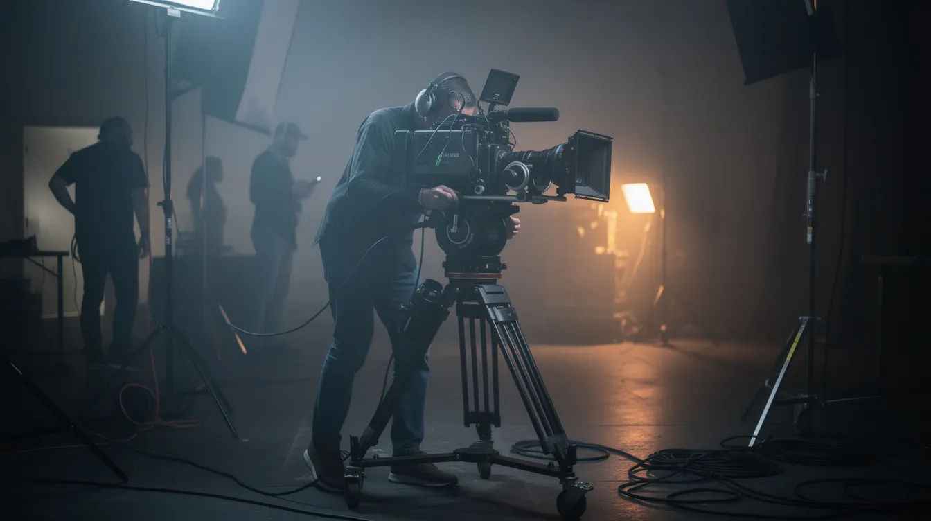 Ein Filmregisseur arbeitet konzentriert hinter einer Filmkamera auf einem düster beleuchteten Filmset, das an die Atmosphäre von David Lynchs Werken erinnert. Die Szene strahlt eine kreative Intensität aus, die die Zuschauer an das Drama und die menschliche Geschichte des „Elefantenmenschen“ erinnert.