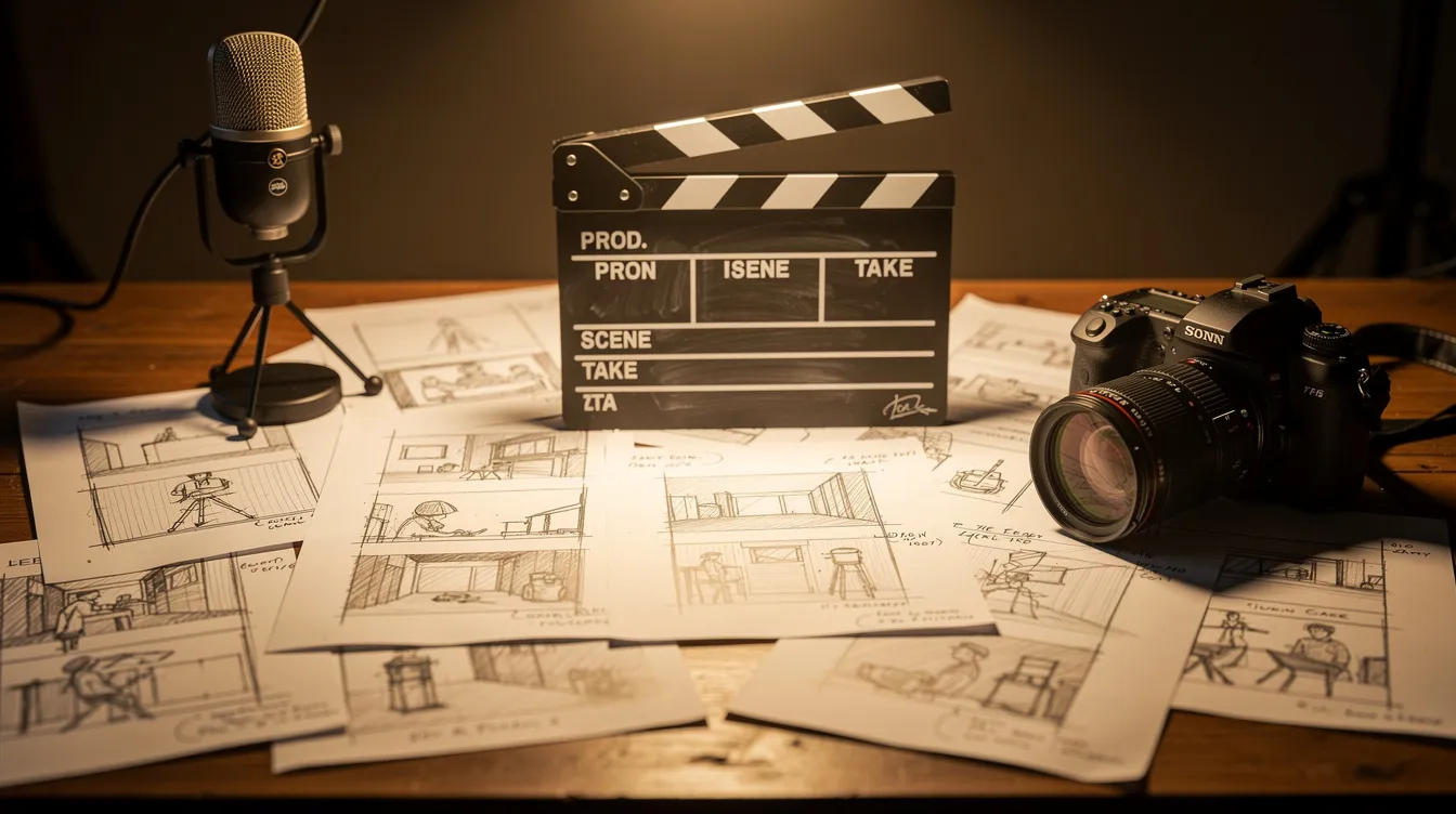 Auf dem Schreibtisch liegen Storyboard-Skizzen, eine aufgeklappte Filmklappe, ein Mikrofon und eine DSLR-Kamera, alles erleuchtet von warmem Lampenlicht, was eine kreative Atmosphäre für die Produktion einer Webisode schafft. Der Raum vermittelt den Eindruck, dass hier an einer neuen Episode einer Fernsehsendung oder eines Videos gearbeitet wird.