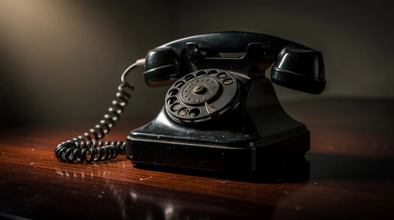 Ein altmodisches schwarzes Telefon steht auf einem polierten Holztisch, beleuchtet von dramatischem Licht, das von der Seite fällt. Die Szene vermittelt eine nostalgische Atmosphäre, die an klassische Filme erinnert und zum Nachdenken über die Themen der Vergangenheit anregt.