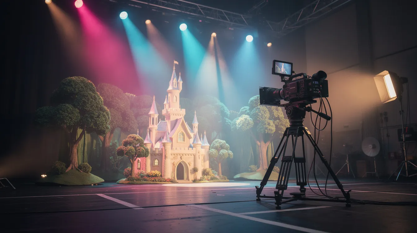 Das Bild zeigt ein lebhaftes Filmset mit bunten Scheinwerfern, einer Kamera auf einem Stativ und einer märchenhaften Kulisse, die ein kleines Schloss und Bäume umfasst. Diese Szenerie ist ideal für einen Familienfilm, der Kinder und Erwachsene gleichermaßen in eine abenteuerliche Geschichte eintauchen lässt.