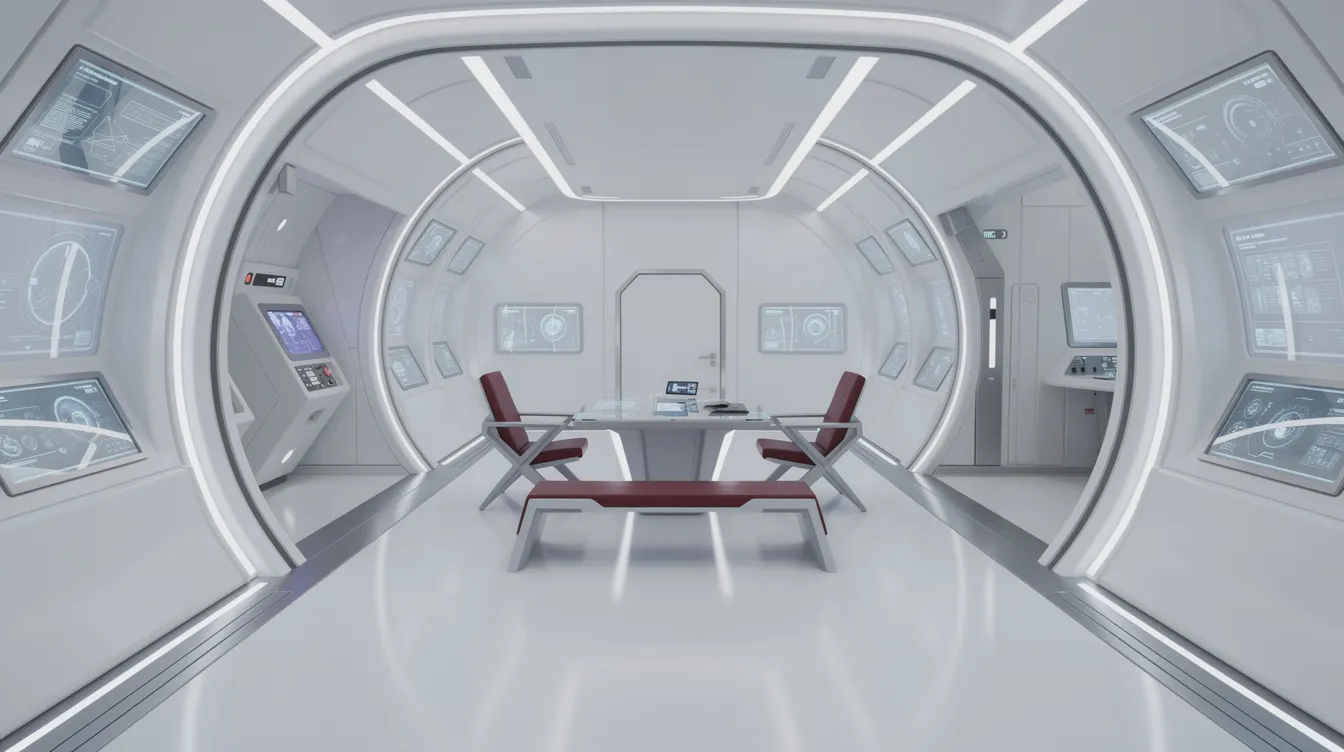Das Bild zeigt das Innere eines futuristischen Raumschiffs mit geschwungenen weißen Wänden, integrierten Bildschirmen und minimalistischen Möbeln, die mit roten Kissen ausgestattet sind. Weiches, ambient Licht schafft eine saubere und sterile Atmosphäre, die an die Ästhetik von Stanley Kubricks "2001: Odyssee im Weltraum" erinnert.