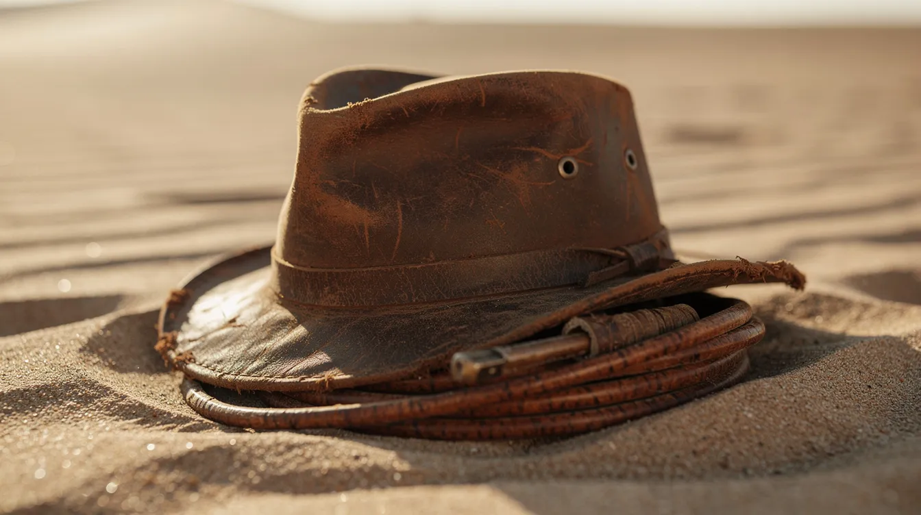 Eine Nahaufnahme eines abgenutzten Lederhuts und einer aufgerollten Peitsche liegt auf einem sandigen Untergrund, beleuchtet von warmem Licht, das an die Abenteuer von Indiana Jones und den letzten Kreuzzug erinnert. Diese Details vermitteln das Gefühl von archäologischen Erkundungen und den unvergesslichen Momenten aus den Filmen mit Harrison Ford.