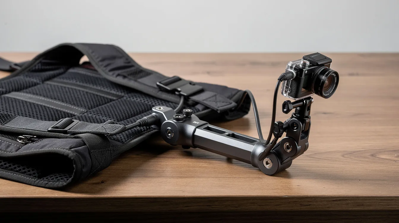 Die Nahaufnahme zeigt ein professionelles Kamera-Bodyrig mit einer gepolsterten Weste und einem Metallausleger, auf dem eine kleine Kamera montiert ist. Das gesamte Gerät liegt auf einem Tisch und vermittelt den Eindruck eines vielseitigen Einsatzes für Film- und Musikvideos, bei denen die Perspektive des Schauspielers im Fokus steht.